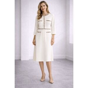 HOBEMTY New Ivory Dress LARGE Tweed Trim Pearl 3/4 Sleeve Round Neck Elegant